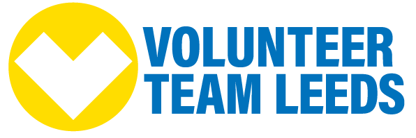 Yellow circle with white letter V.  Next to logo are the words Volunteer Team Leeds in bright blue.